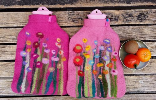 Hot Water Bottle with grass and flowers, pink