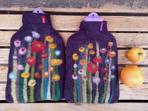 Hot Water Bottle with grass and flowers, aubergine