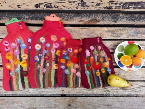 Hot Water Bottle with grass and flowers, red