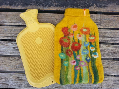 Hot Water Bottle with grass and flowers, yellow