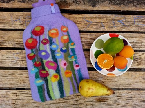 Hot Water Bottle with grass and flowers, lavender