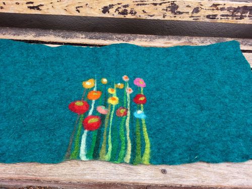 Table Runner with Grass and Flowers, petrol