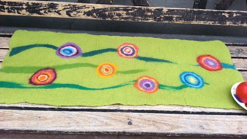 Table Runner with Big Flowers, moss green light